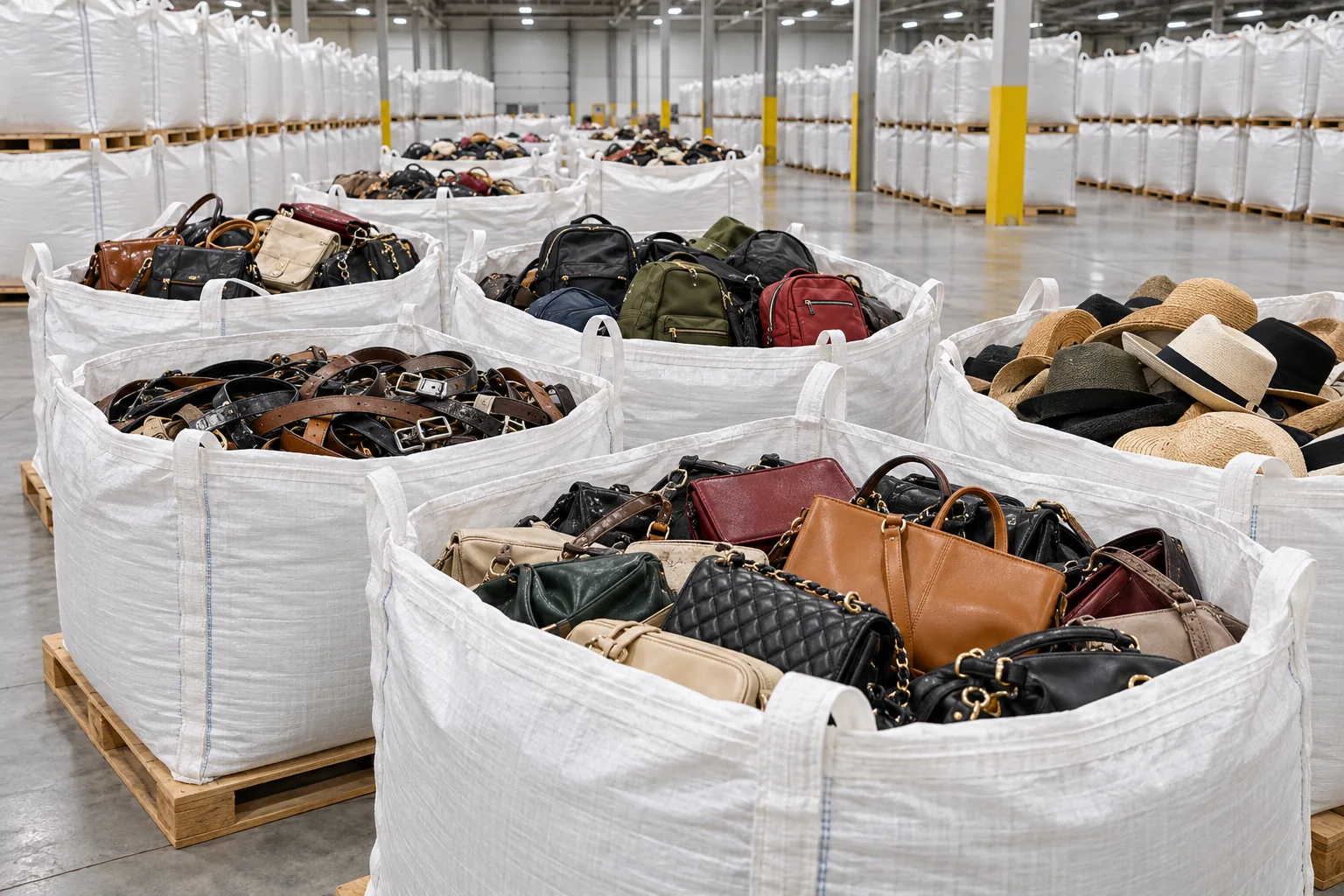Illustration of used fashion accessories in white cap sacks inside a clean warehouse