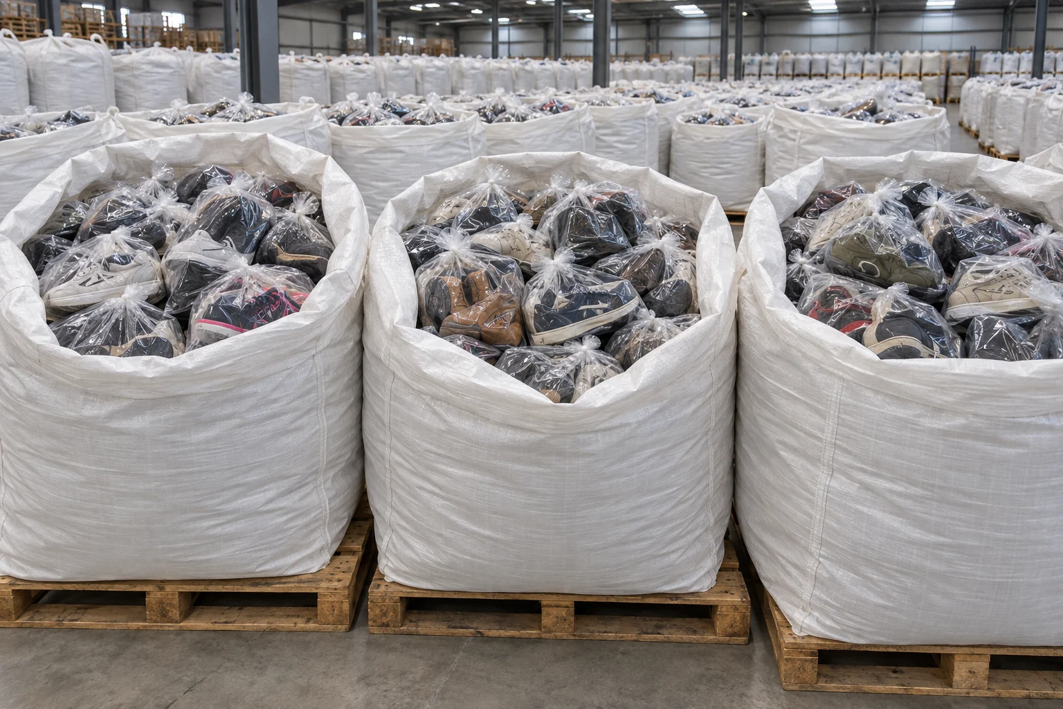 Illustration of used shoes in clear plastic bags packed inside white cap sacks in a clean warehouse