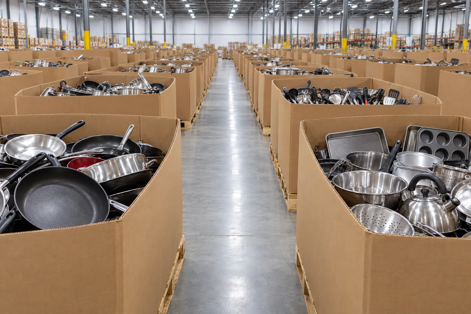 Illustration of used kitchenware inside gaylord bins inside a clean warehouse