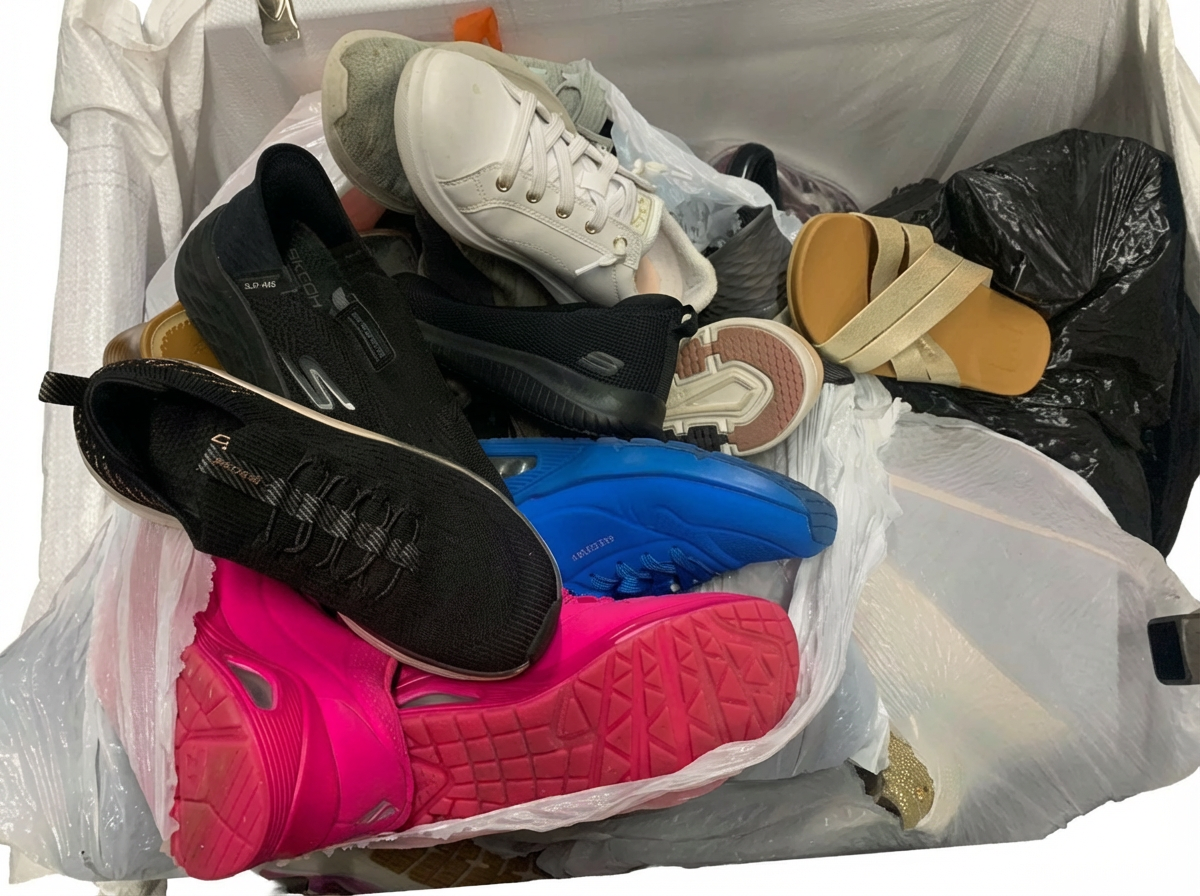 Assorted single shoes in a white sack