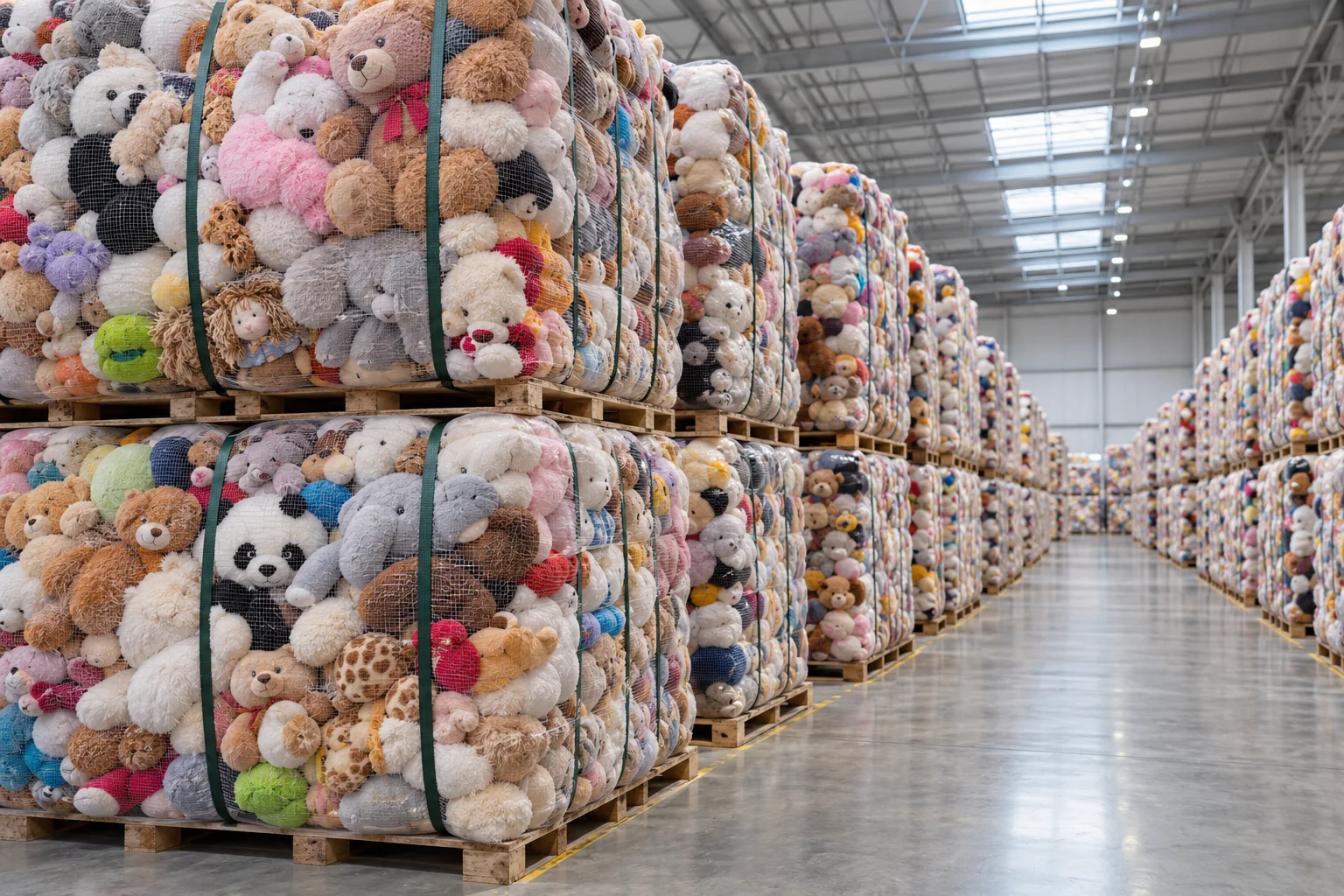 Illustration of used soft toys stacked in bales inside a clean warehouse