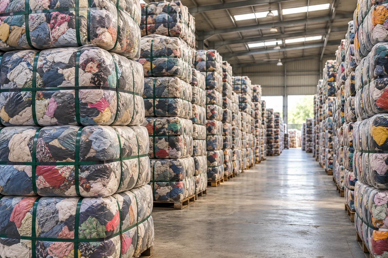 Illustrative warehouse scene with neatly stacked bales of used clothing