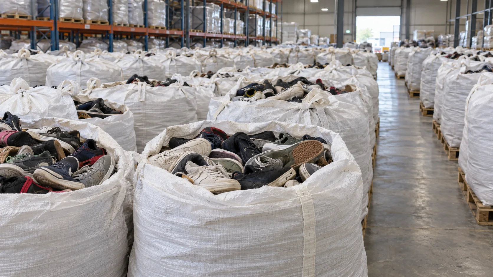 Illustrative warehouse scene with used shoes in rows of white cap sacks